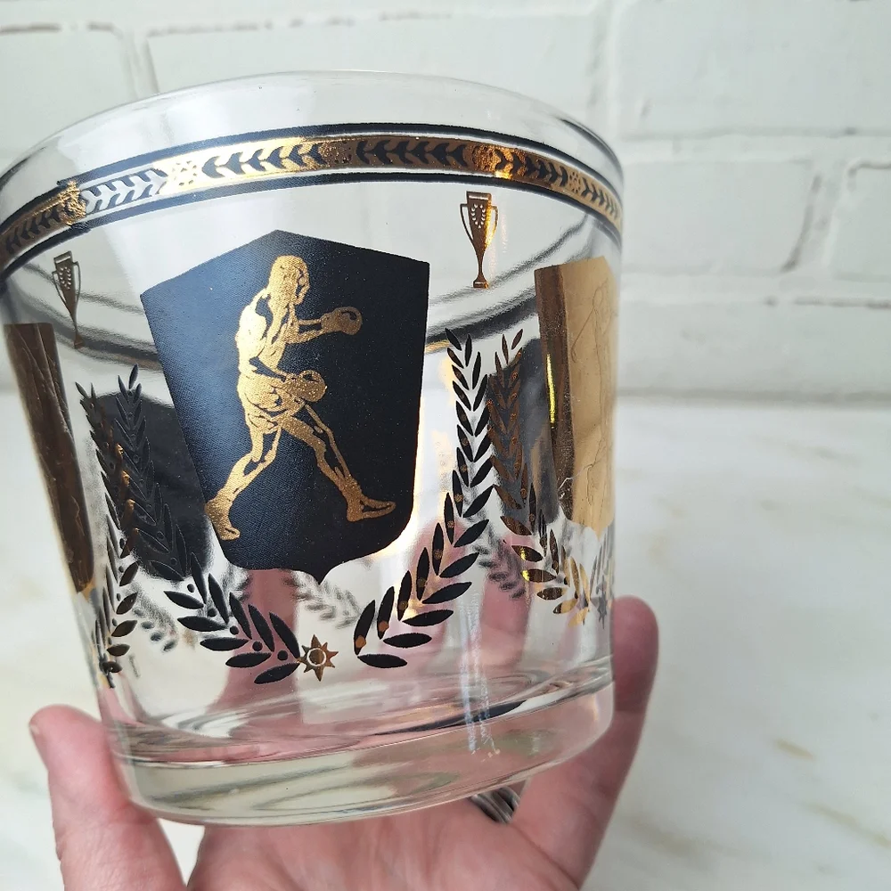 Vintage Glass Ice Bucket Barware 1950’s Sports Theme Black And Gold Trophies